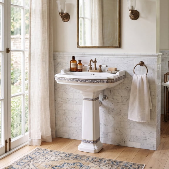 India Reserve Bathroom Pedestal Sink Blue and Gold Accent Porcelain Washbasin w/Overflow & Centerset Faucet Holes| Renovators Supply