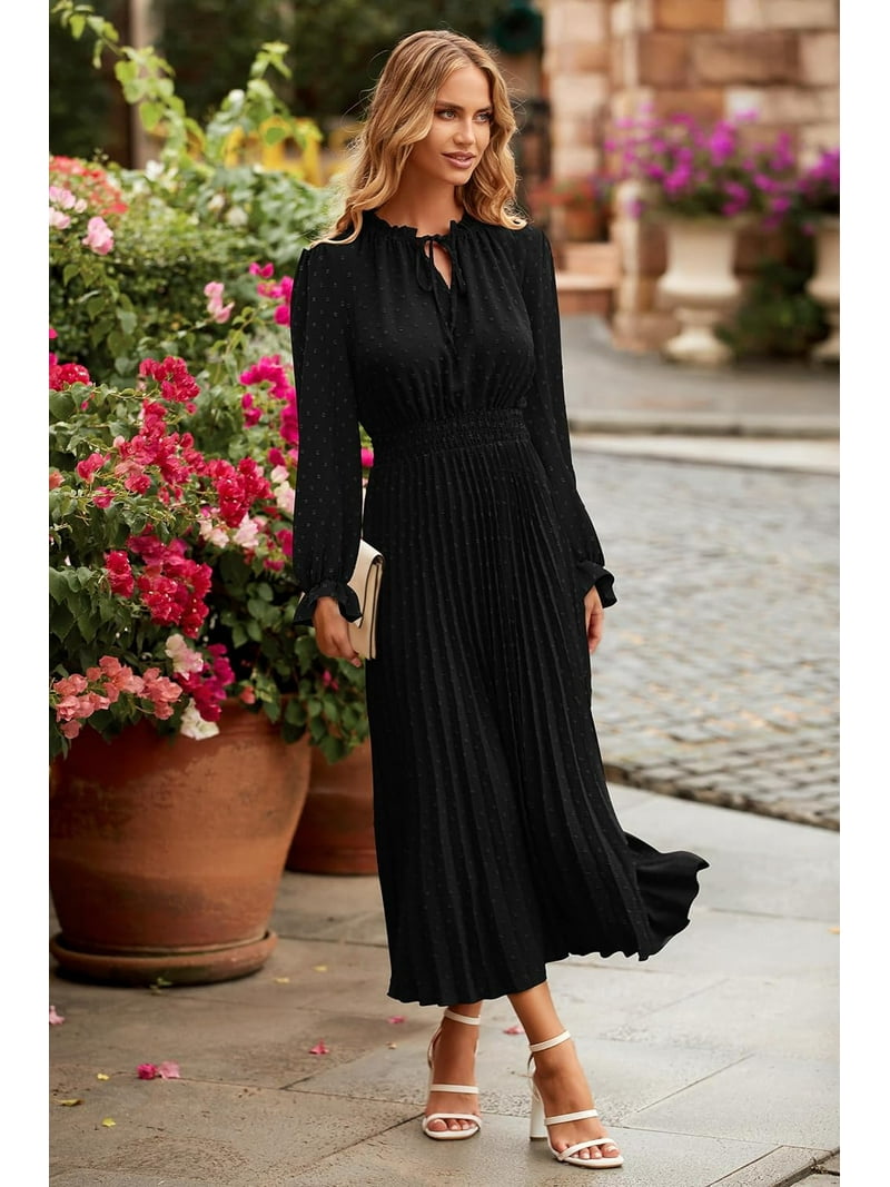 Women's 2023 Fall Midi Dress Casual Long Sleeve V Neck Swiss Dot Pleated A  Line Flowy Dresses - Walmart.com