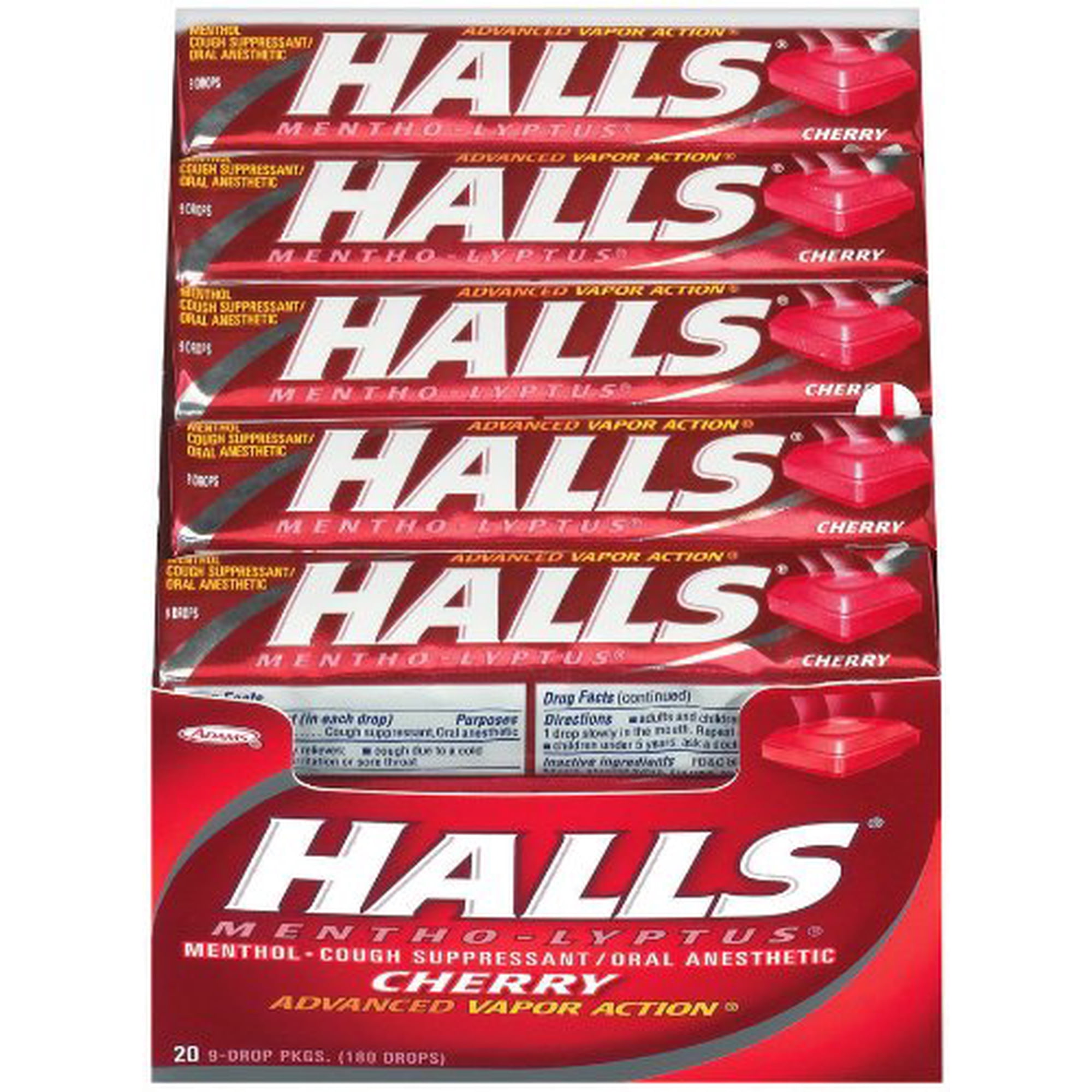 Halls Cherry Cough Drops - with Menthol - 180 Drops (20 sticks of 9 drops)