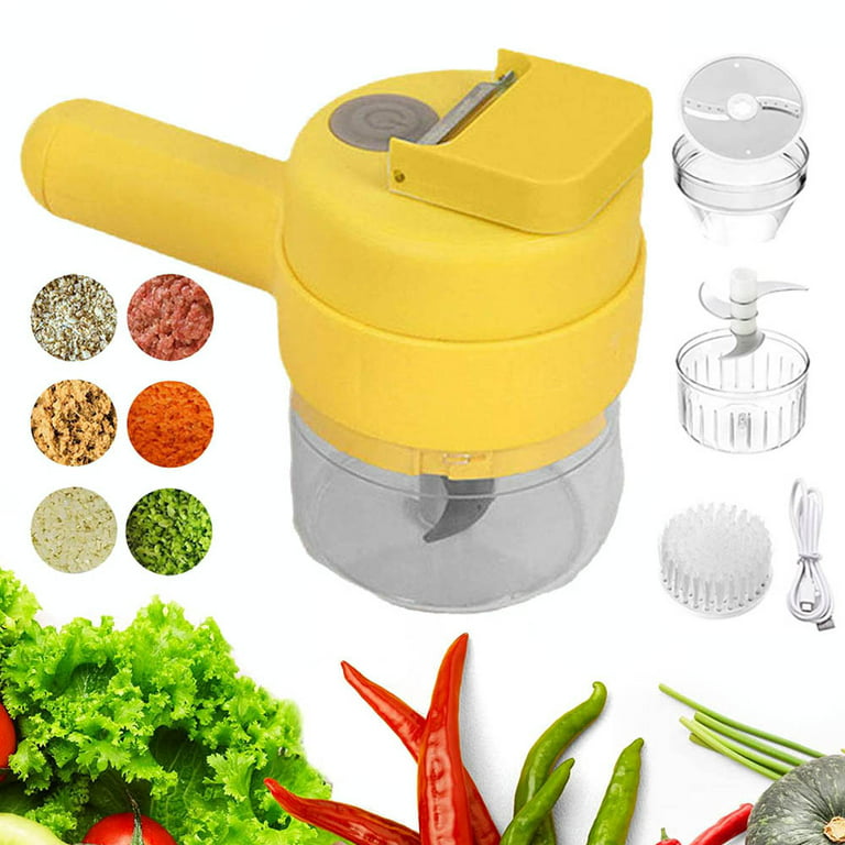4 in 1 Portable Electric Vegetable Cutter Set, Newly Wireless Food Processor for Garlic Pepper Chili Onion Celery Ginger Meat with Brush, Yellow