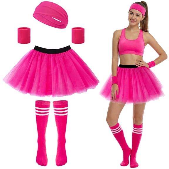 Bocaoying 4 Pack 80s Women Tutu Costume Accessories, 3 Layers Rose Red Tutu Skirt, Headband, Wrist Brace, Long Socks, 80s Outfit for Women Costume Theme Party Dress Up