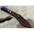thumbnail image 6 of 15 Inches Long Hand Forged triple layered Damascus Steel Kukri Knife, 10" Long Blade, Custom Made Hand Crafted Scale with Engraved Brass & 2 tone blue wood, Includes Cow Hide Leather Sheath, 6 of 6