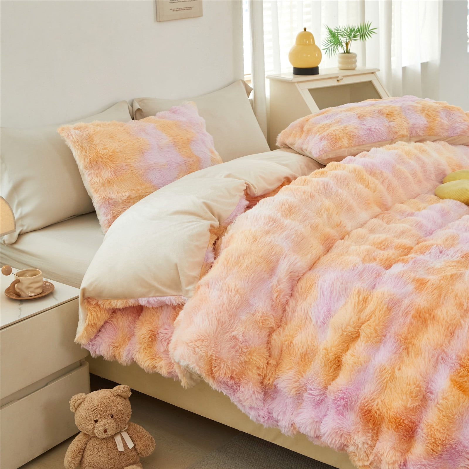 RYNGHIPY Faux Fur Comforter Set Twin for Girls 3Pcs Pink Orange Bubble Bedding Set Tie-Dye Fuzzy Plush Bed Comforter Set for Winter