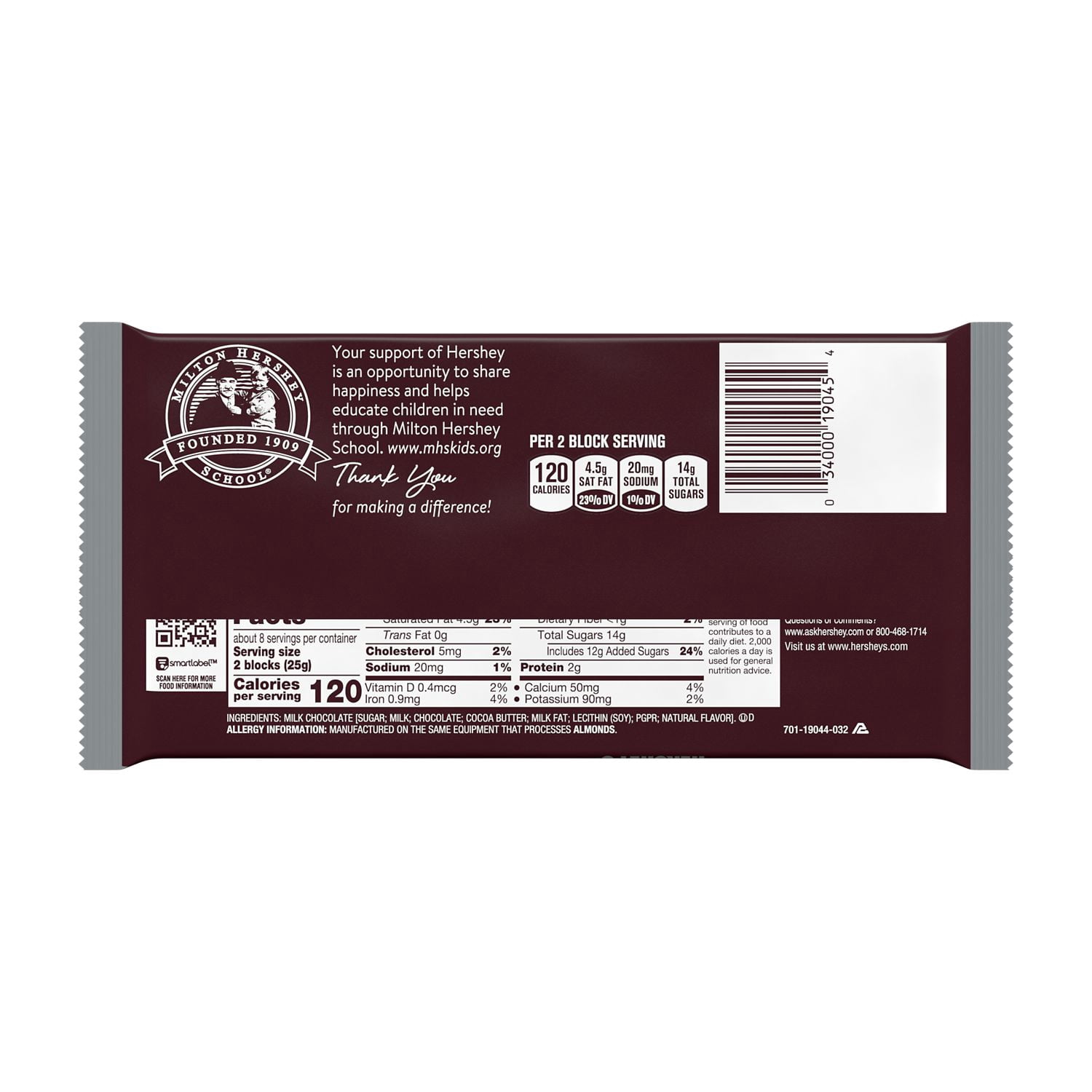 Hershey's, Milk Chocolate Giant Candy, Bulk Individually Wrapped, 7 oz, Bars 12 Ct