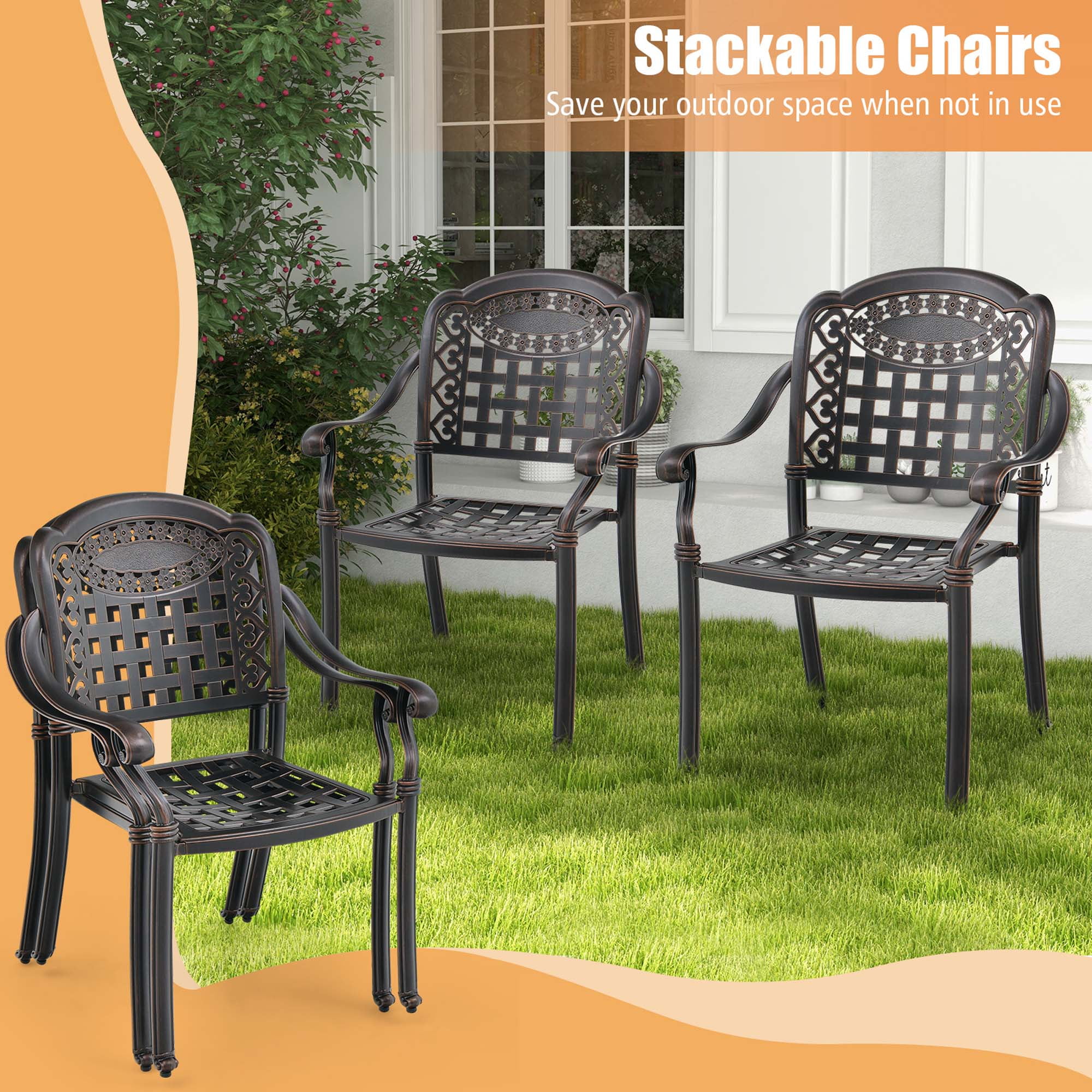 Costway 2pcs Patio Cast Aluminum Armrest Chairs Dining Stackable Outdoor Bronze