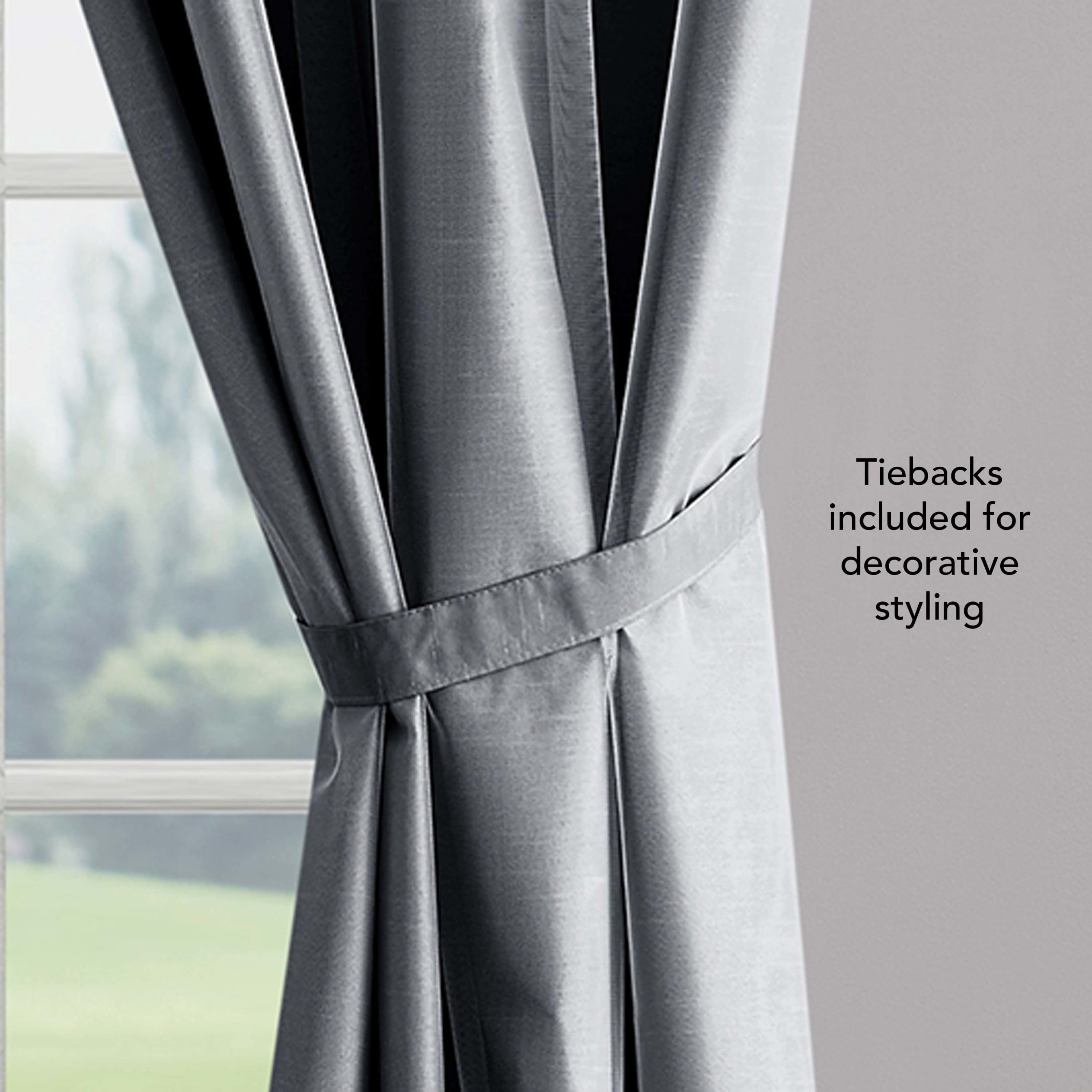 Augusta Blackout Window Curtain Panels and Tiebacks, Faux Silk with Sheer Overlay, Grommet, Charcoal Grey, 38" x 84"