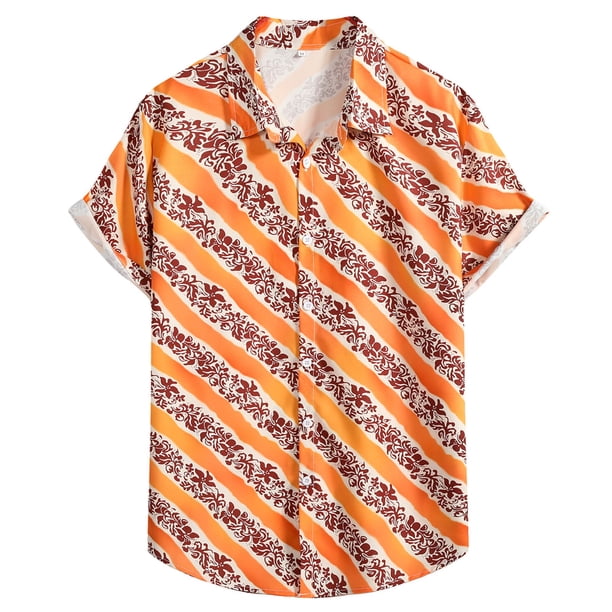 Camisas Para Hombre Manga Corta Camiseta con botones de solapa para playa y playa con estampado hawaiano para hombre, camiseta de manga corta, ropa de playa (Orange, S)