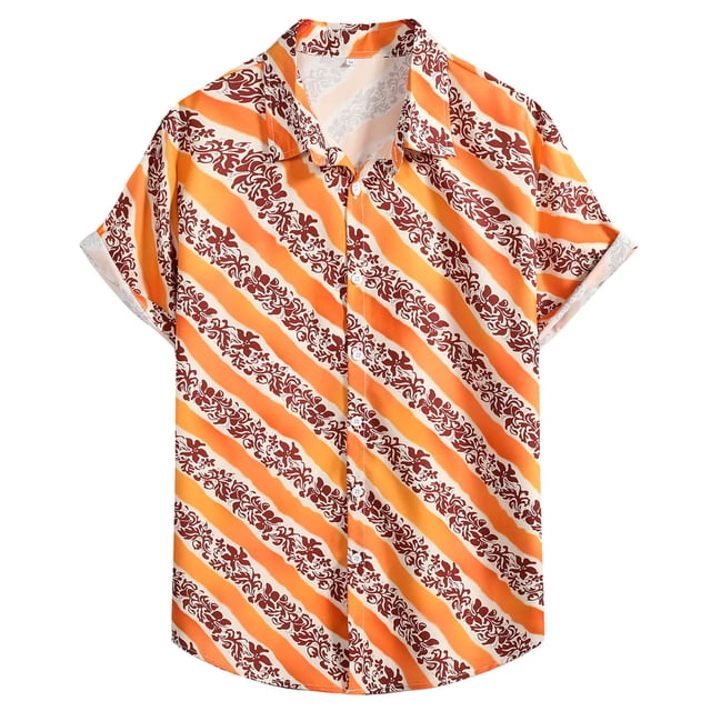 Camisas Para Hombre Manga Corta Camiseta con botones de solapa para playa y playa con estampado hawaiano para hombre, camiseta de manga corta, ropa de playa (Orange, M)