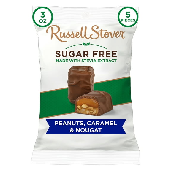 RUSSELL STOVER Sugar Free Peanut, Caramel & Nougat Covered in Chocolate Candy, 3 oz. bag (≈ 5 pieces)