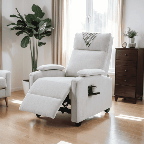FitStand Small Pushback Recliner Chair, Reclining Sofa Chair with Cup Holder and Footrest for Living Room, Linen, Gray