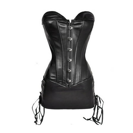 Lovskoo 2024 Corset Tops for Women Renaissance Corset Set Faux Leather Punk Bodysuit Split Set Lace Up Skirt Halloween Corset Two Piece Set Black