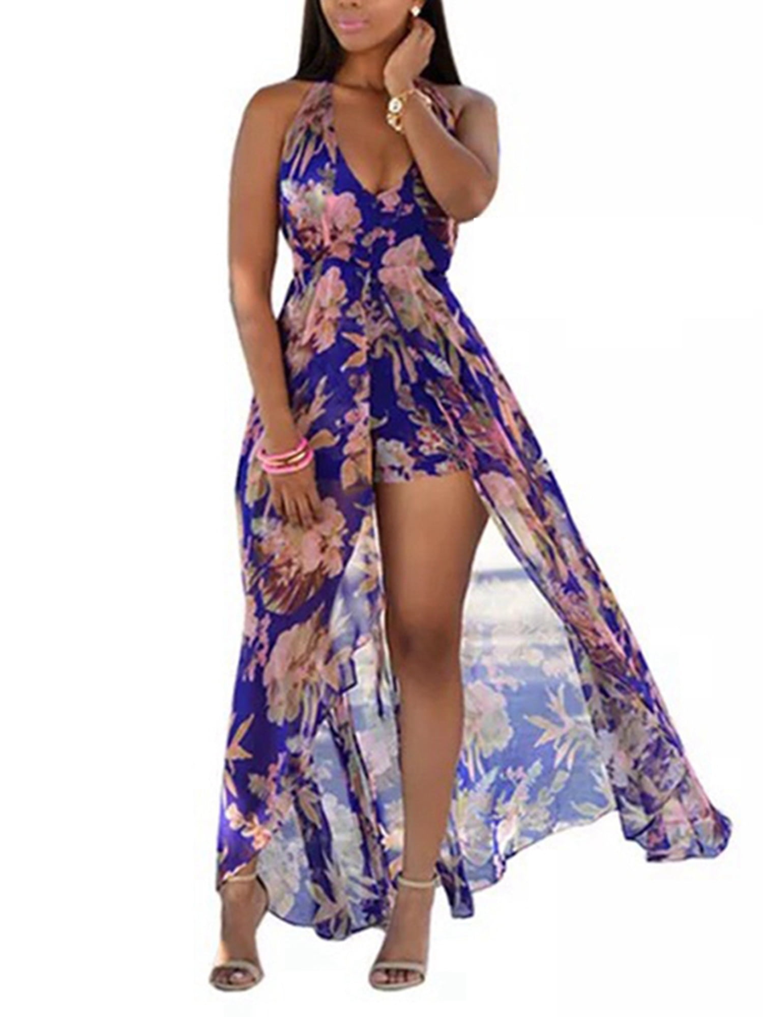 XL, Navy Fheaven Women Sleeveless Backless Floral Print Jumpsuit Summer Loose Beach Boho Maxi Playsuit Rompers 