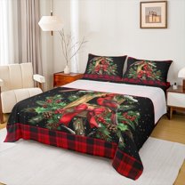 Manfei Chic Cardinal Bird Full Size Sheets 4pcs, Merry Christmas Bed Sheets, Xmas Red Checkered Sheet Sets, Super Cozy Room Decor