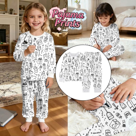 Cozy Themed Pajama For Girls Long Sleeve Top And Pants Cute Cartoon Doodle Print Soft Holiday Sleepwear For Kids Family Matching Outfit Festive Loungewear