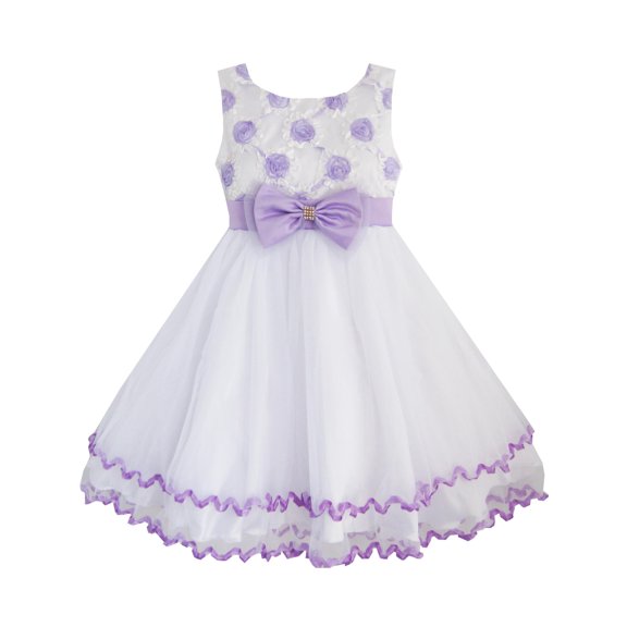 Girls Dress Purple Flower White Tulle Pleated Wedding Party Child Clothes 2-3