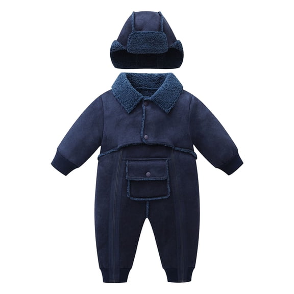 Fesfesfes Baby Winter Jumpsuit with Hat Warm Fleece Lined Romper 1 Piece Outfit for Boys Girls Toddler Soft Long Sleeve Playwear for Cold Weather Cozy Footed Outdoor Snowsuit(Blue,6-9 Months)