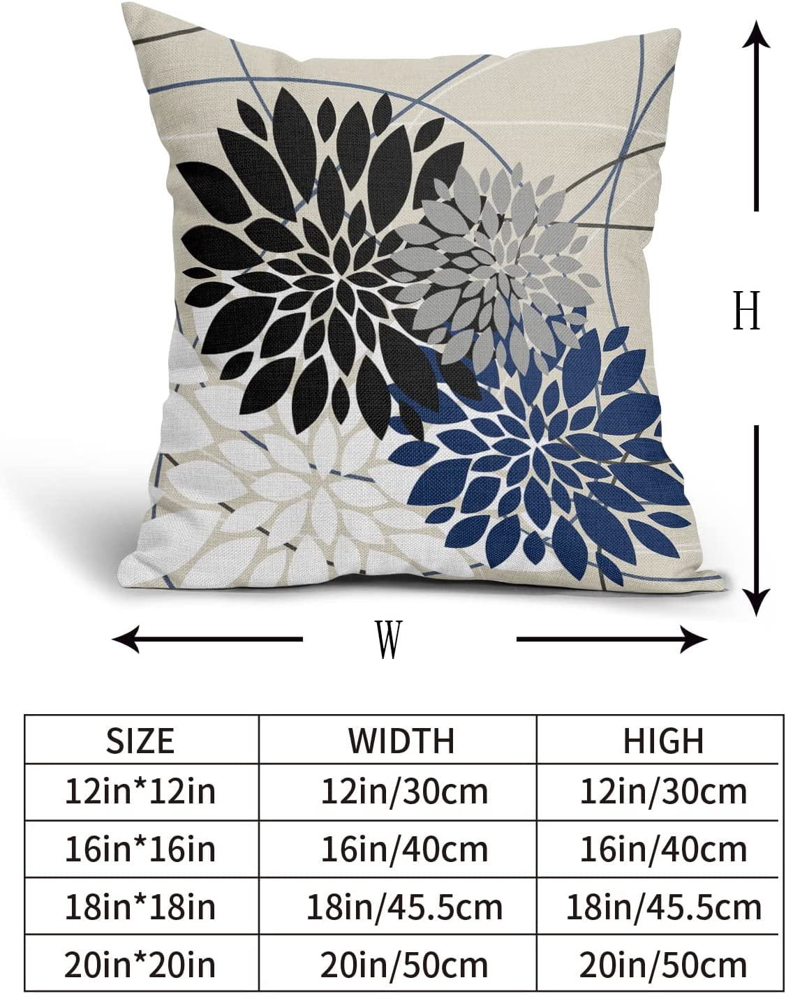 Black Blue Pillow Covers 18x18 Inch Dahlia Flower White Gray Elegant Colored Throw Pillows Farmhouse Outdoor Decor for Home Living Room Sofa Couch Bed Modern Floral Linen Square Cushion Case, Set of 2