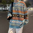 thumbnail image 4 of Norvella Mens Fair Isle Sweater Geometric Striped Pattern Crew Neck Long Sleeve Drop Shoulder Pullover Ribbed Relaxed Fit Top, 4 of 8