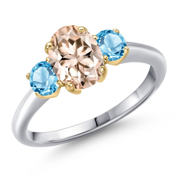Gem Stone King 10K Two Tone Gold Peach Morganite and Swiss Blue Topaz Engagement Ring for Women | 1.71 Cttw | Oval 8X6MM | Gemstone October Birthstone | Size 5