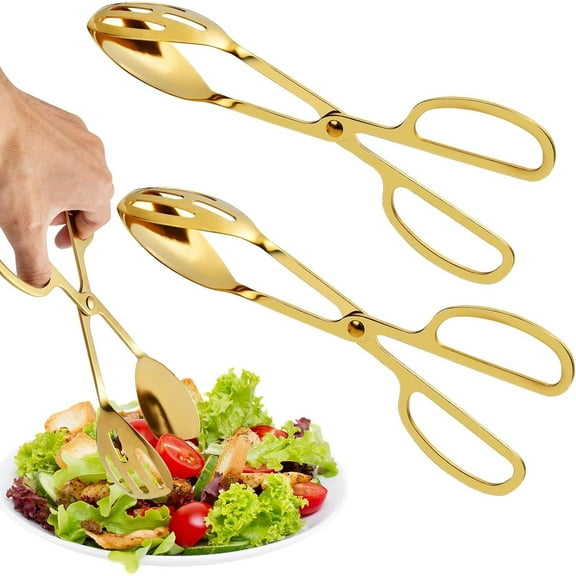 2 Pack Gold Salad Tongs,10 Inch Stainless Steel Kitchen Tongs for Serving Food, Kitchen Scissor Tongs for Cooking Buffet Catering Bread Pastry Dessert BBQ