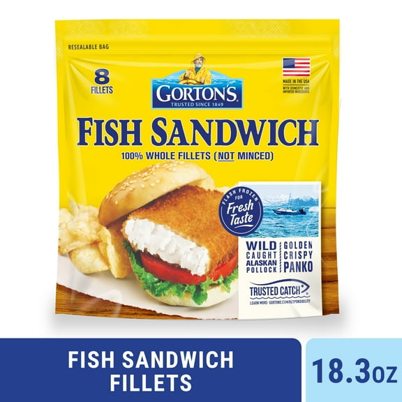 Gorton’s Breaded Fish Sandwich Cut from 100% Whole Fish Fillets (Not Minced), Wild Caught Alaskan Pollock, Frozen, 8 Count, 18.3 Ounce Resealable Bag