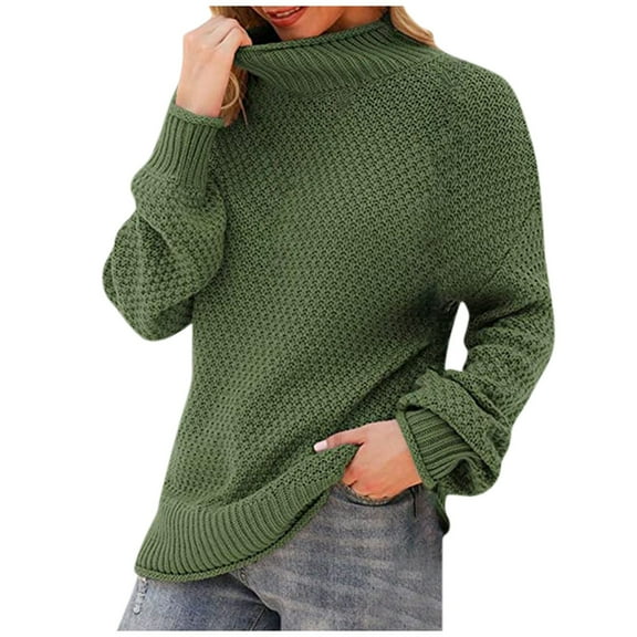 XFLWAM Womens Turtleneck Sweaters Batwing Long Sleeve Casual Loose Oversized Chunky Knit Pullover Jumper Tops Army Green S