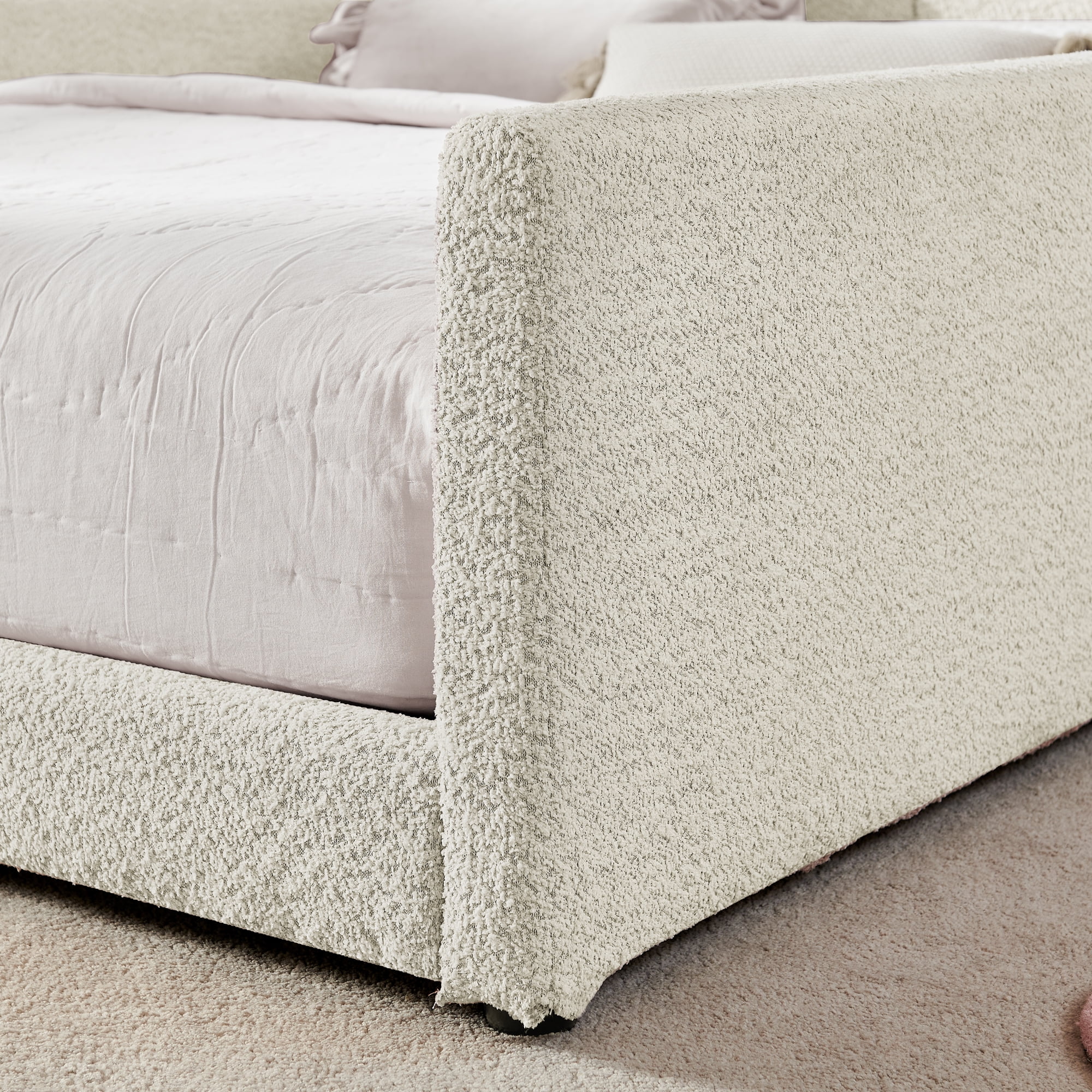 GARITIN Full Size Upholstered Platform Bed, Rabbit Ear Shaped Headboard with Safety Rail and Pocket for Kids Room, Beige