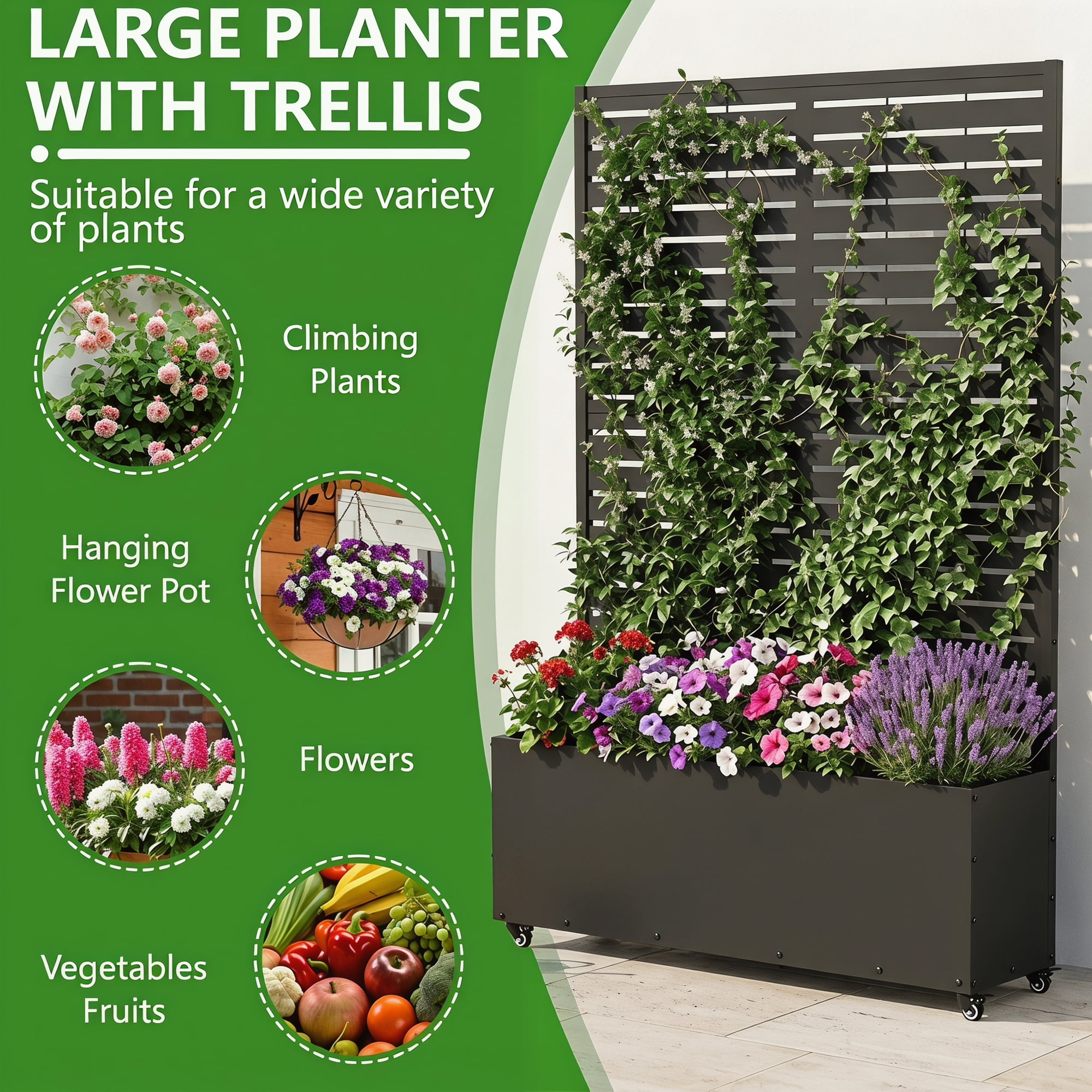FOOWIN 71" H Metal Planter with Trellis and Wheels, Outdoor Raised Garden Bed for Climbing Plants, Trellis Planter Box with Drainage Hole, Black