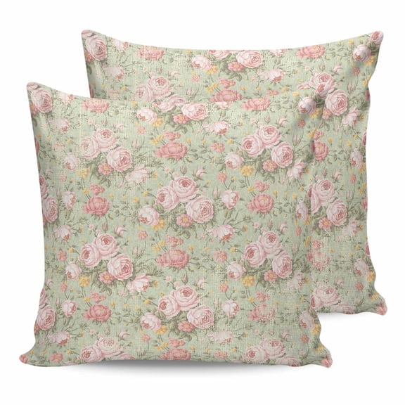 18x18 Pillow Covers Set of 2, Pink Flowers Throw Pillow Covers Decorative Couch Cushion Case, Green Country Botanical Floral Leaves Microfiber Square Pillowcases for Bedroom Car Living Room