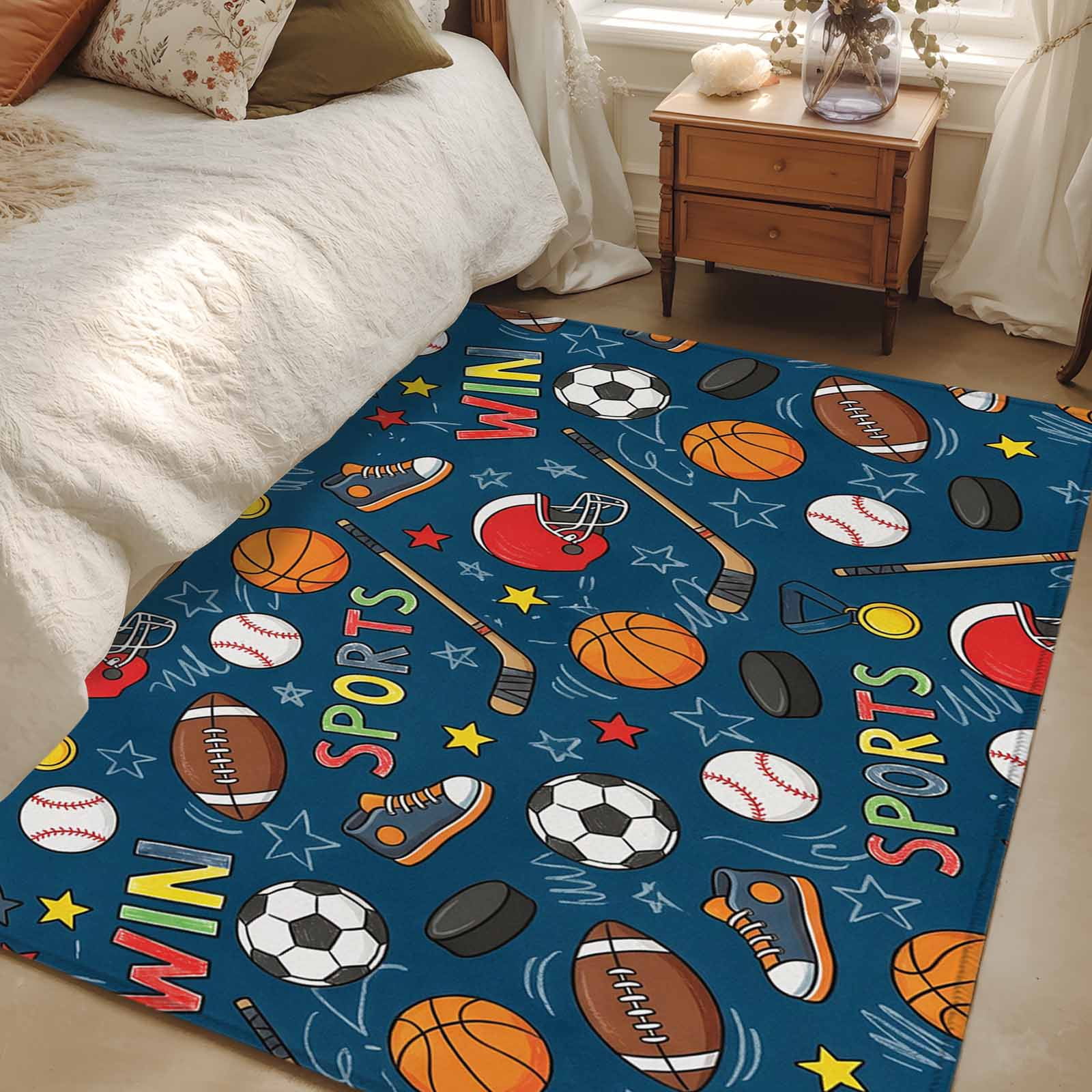 Navy Blue Sports Area Rugs 4'x6', Washable Small Throw Rugs for Office Bathroom, Football Basketball Rugby Baseball Indoor Outdoor Rug Non-Slip Low Pile Carpet Runner Reversible Floor Mats