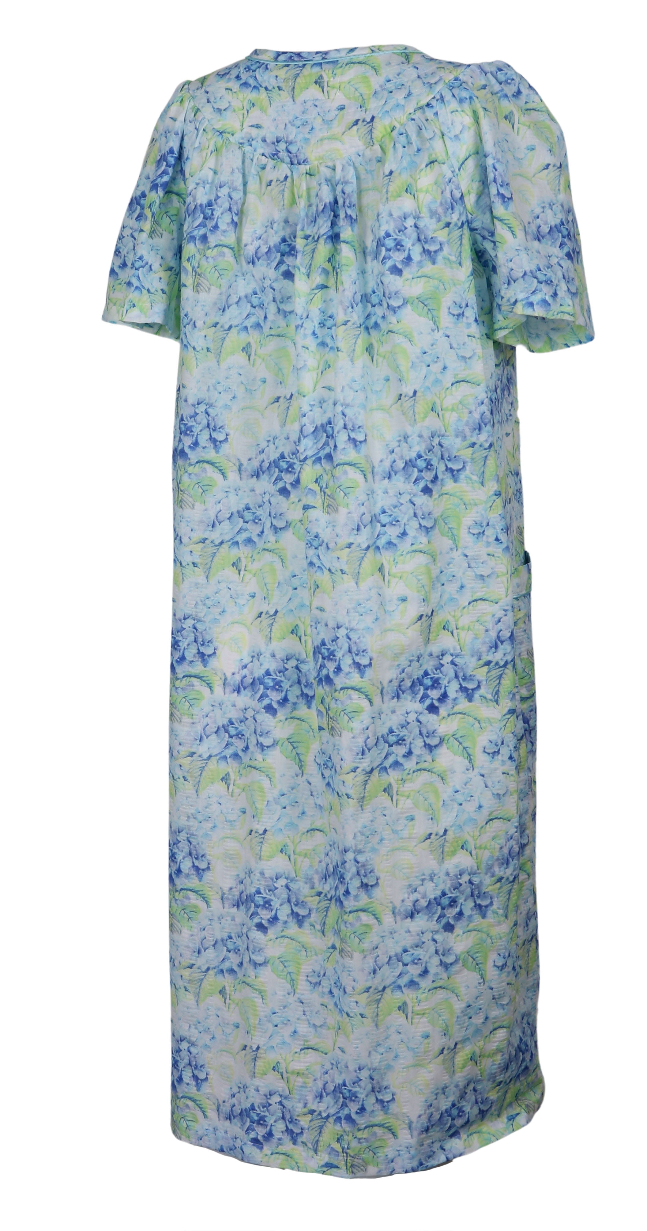 Elegant Emily Women's Snap-Front Duster Robe With Pockets - Blue Hydrangea - Large