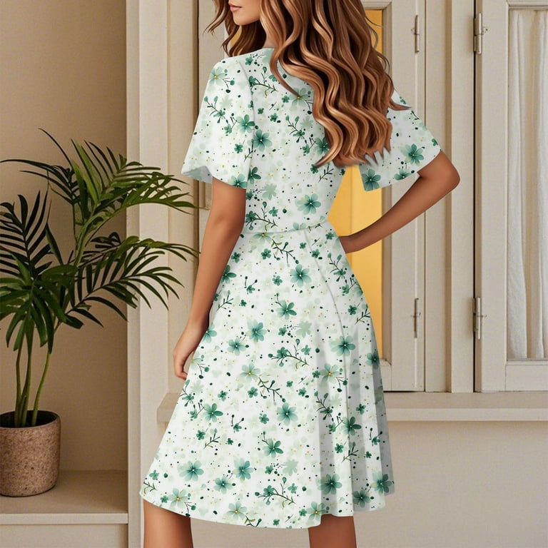 Womens Summer Short Sleeve Casual Dresses V-Neck Midi Dress with Pockets Mint  Green S - Walmart.com