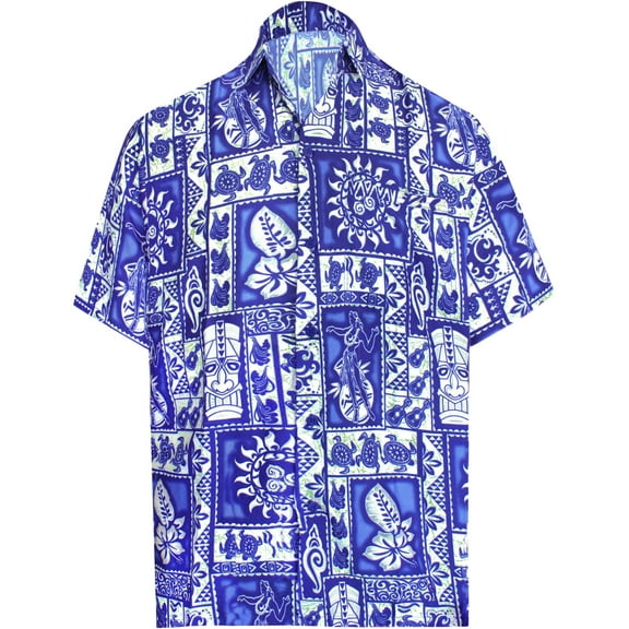 HAPPY BAY Men's Hawaiian Shirts Short Sleeve Button Down Shirt Floral Shirt Men Summer Beach Casual Vacation Tropical Shirts for Men Funny L Aztec Print, Royal Blue
