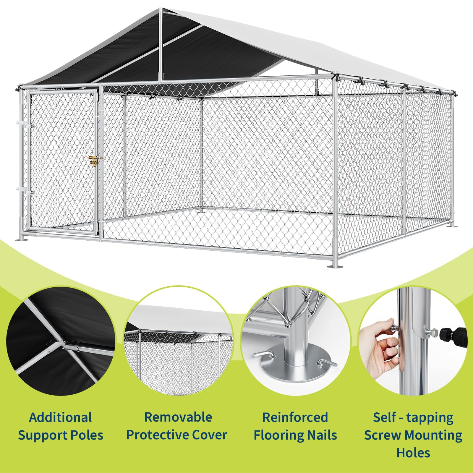 Heavy Duty Outdoor Dog Kennel with Roof – Large Steel Enclosure, Secure Lock, Weatherproof Fence for Yard, Boarding, Farm & Poultry, Includes Ground Anchors – Sizes: 10×10×6FT & 7.5×7.5×5.5FT
