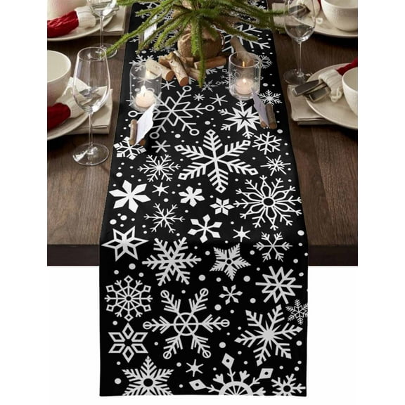 Snowflake Black Cotton Linen Table Runner for Dining Kitchen, Christmas Winter Snowfall Xmas Holiday Wedding Outdoor Party Tablerunners Decoration, Dresser Scarf Coffee Tablecloth Runners 13"x70"