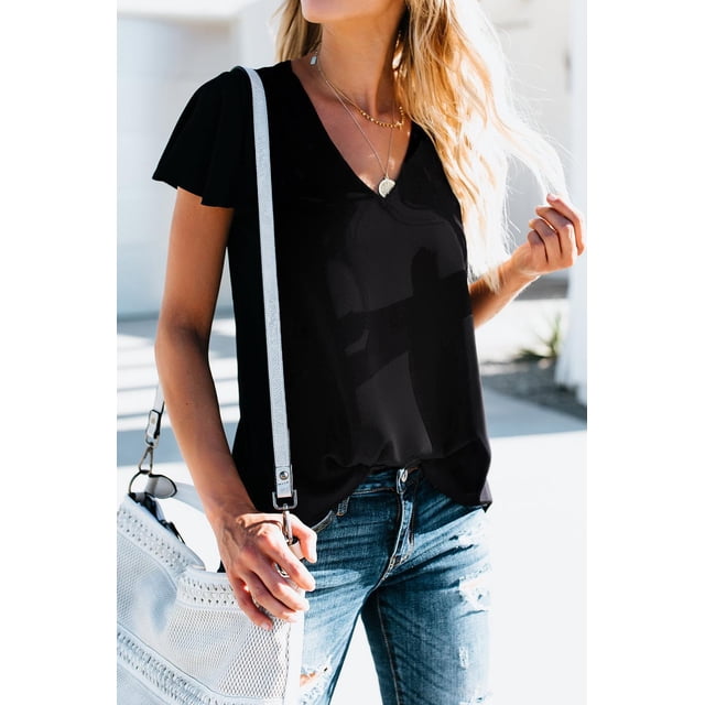 Nouveaux Blouses d'Été pour Femmes Couleur Unie Col en V Manches Courtes T-Shirt Décontracté