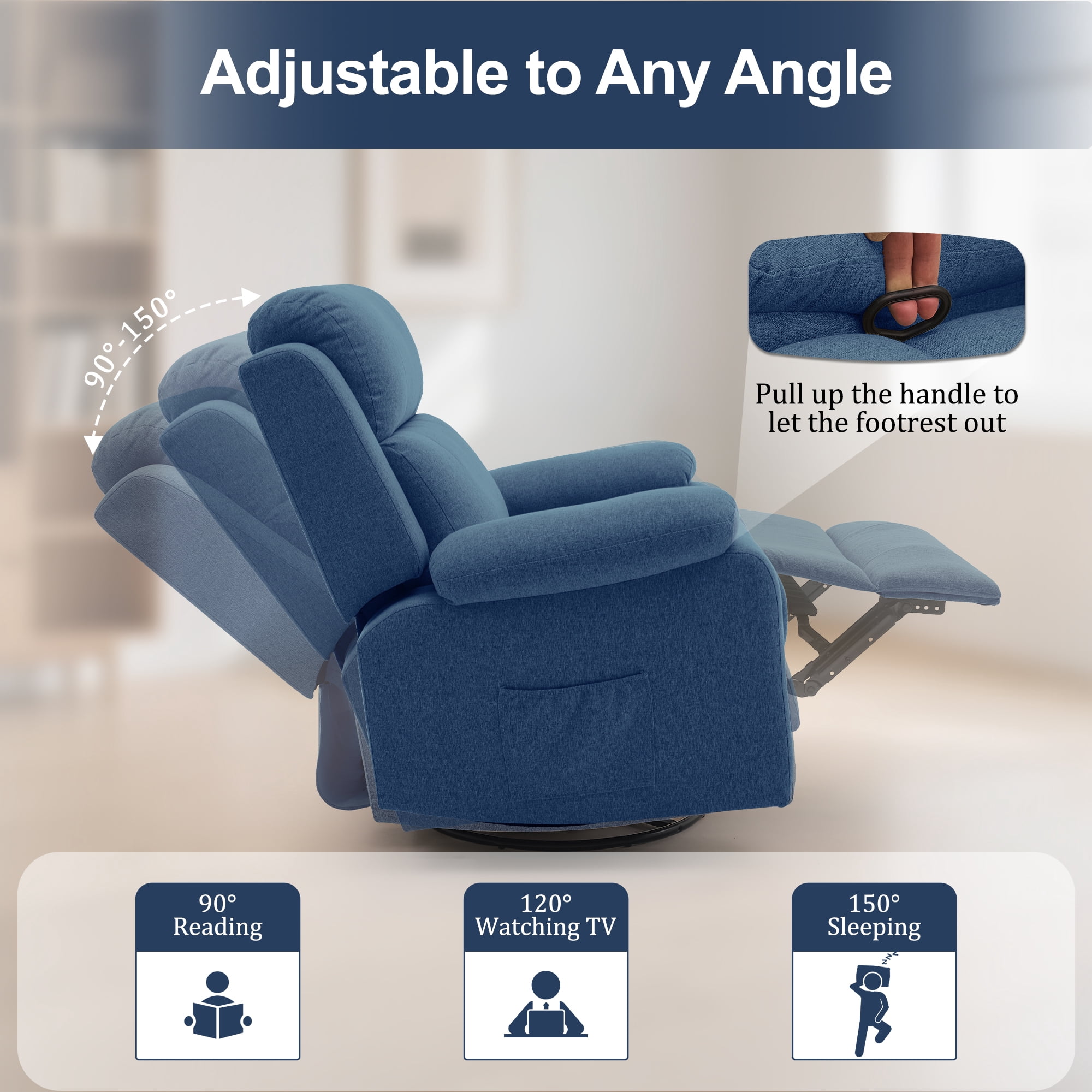 Korser Swivel Rocker Recliner Chair for Adults with Massage and Heat,Upholstered Manual Recliner with Side Pockets Glider Recliner for Living Room,Linen,Blue