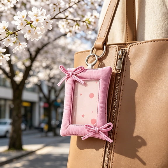 Lenkho Kawaii Bow Photocard Holders 3 Inch Cute Fabric Card Protector ID Badge Holders With Keychain Backpack Glamour For Students