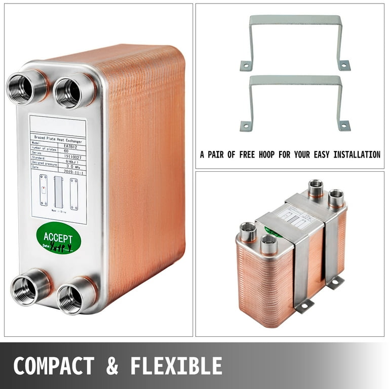 VEVOR Plate Heat Exchanger, 3x7.5 30 Plates Water To Water Heat Exchanger  Copper/316L 1/2 MNPT Hydronic Heating Exchanger for Floor Heating, Water  Heating, Snow Melting - Walmart.com