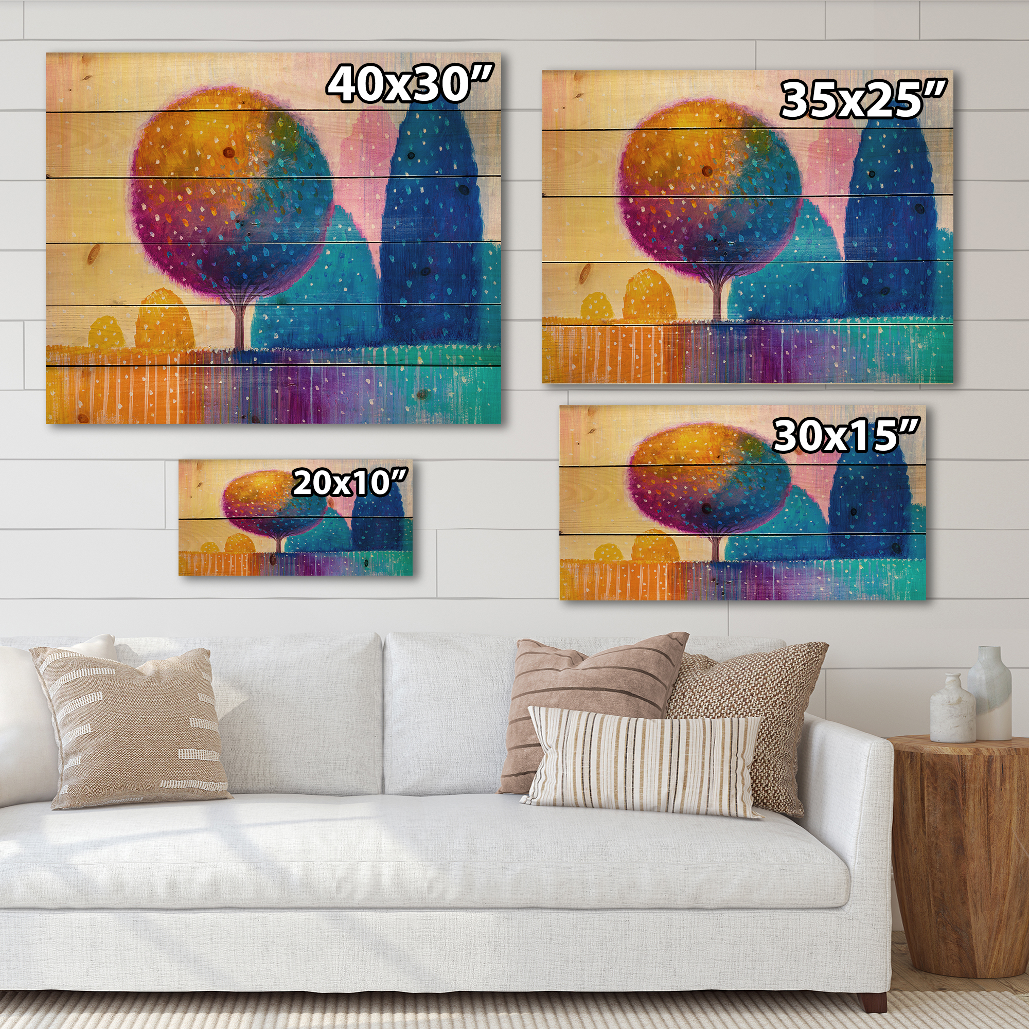 Designart 'Ornamental Colourful Trees X' Modern Print on Natural Pine Wood
