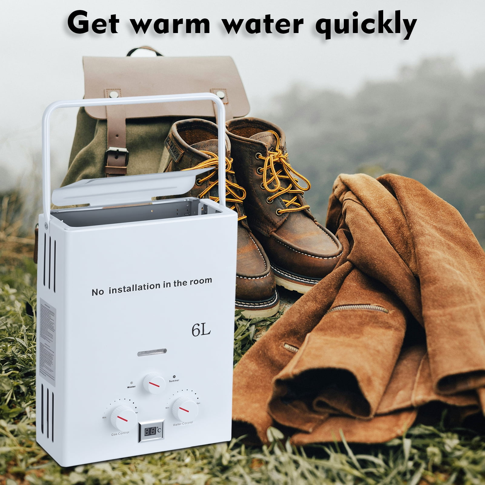 Thehsnt Portable Water Heaters, 6L Tankless Water Heaters, Liquefying Gas Outdoor Digital Display Water Heaters for Camping, RV, Boat, Cabins