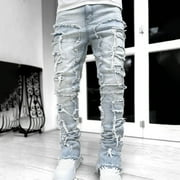 LOVZFMLL Jeans Hommes Zipper Bouton élastique taille Casual multi-poches pantalons de sport pantalons