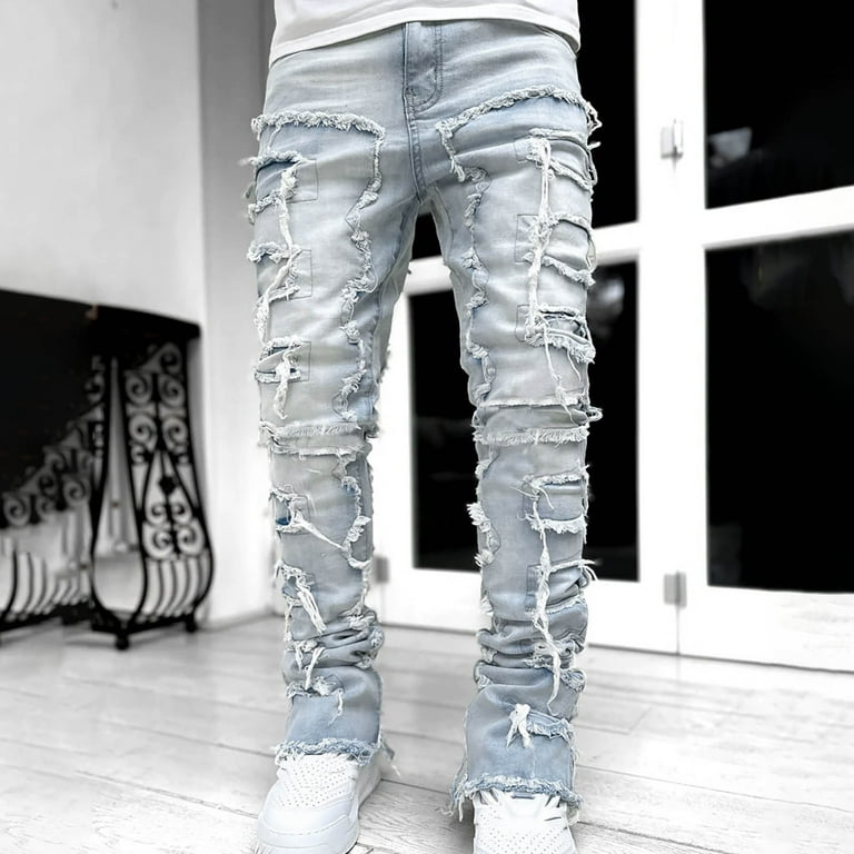 Mens Stacked Frayed Jeans Slim Fit Ripped Denim Pants Hip Hop Patchwork  Destroyed Straight Trousers 