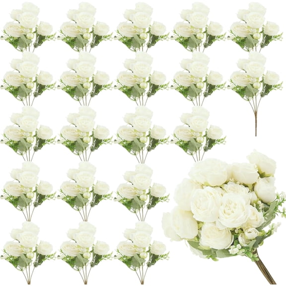 20 Pack White Faux Flowers Peonies, Fake Peonies Silk Flowers with Stems for Wedding Centerpieces Bridal Shower Home Table Decorations