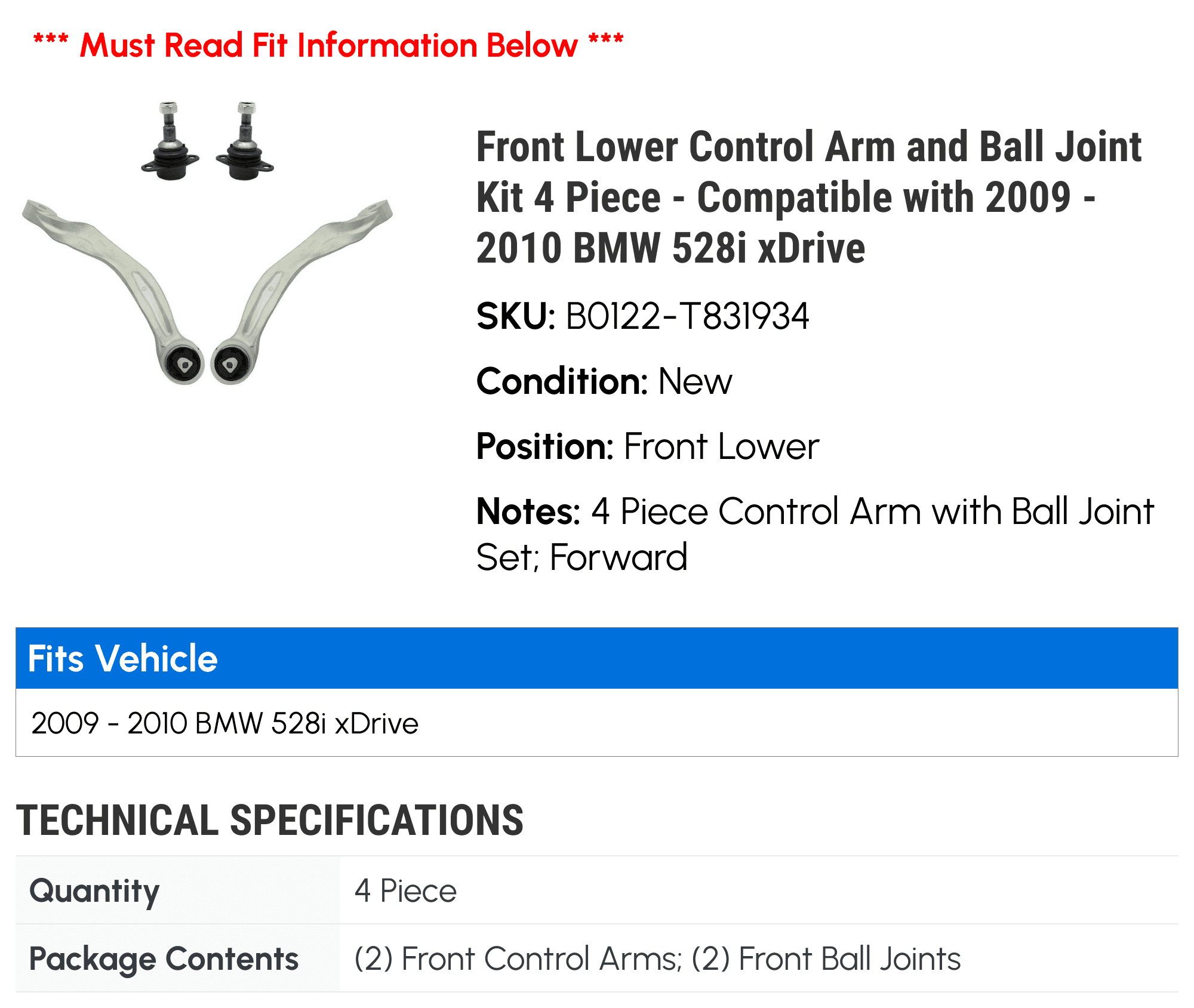 Front Lower Control Arm and Ball Joint Kit 4 Piece - Compatible with 2009 - 2010 BMW 528i xDrive