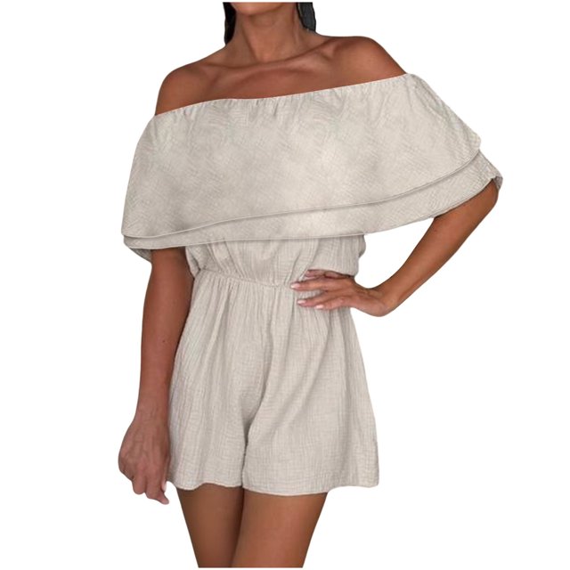 Fuwddey Summer Jumpsuits for Women Casual Rompers Wide Leg Ruffle One Shoulder Short Sleeve Lace-Up Overalls Beach Vacation Loose Outfits