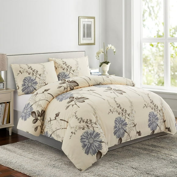 Marina Decoration Soft Silky Rich Printed Rayon from Bamboo All Season Duvet Cover Fitted Sheet Ensemble Bedding Set with Zipper and Corner Tie, Blue Chrysanthemum Floral Pattern