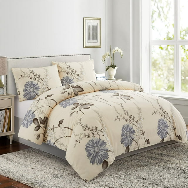 Literie toutes saisons Marina Decoration, housse de couette ultra douce et soyeuse, en rayonne de bambou richement imprimée, avec taies d'oreiller, motif floral chrysanthème bleu