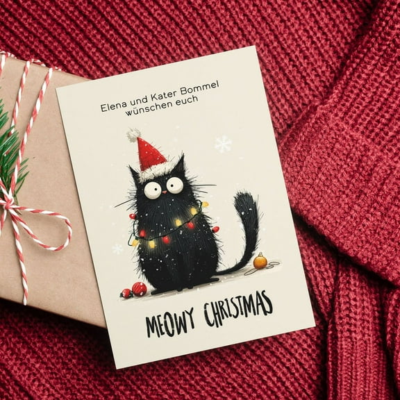 Meowy Christmas Card – Adorable Black Cat in Santa Hat Design – Blank Inside for Personal Messages – Perfect Holiday Greeting Card for Cat Lovers