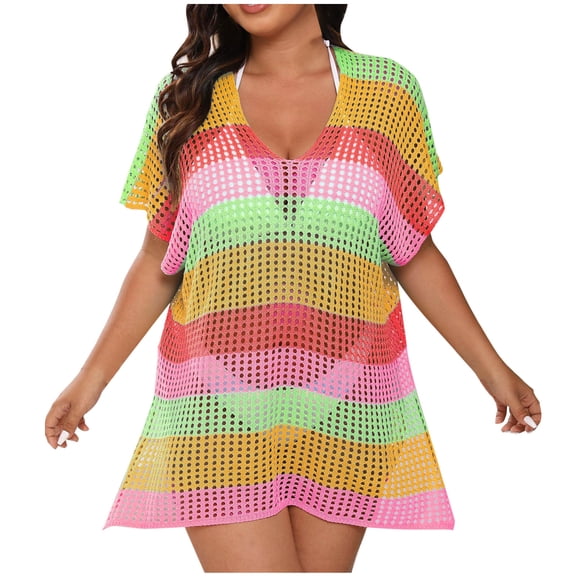 Xuhomer Beach Cover Ups for Women Multi Color Knitted Hollow Short Sleeve V-Neck Crochet Split Summer Cover Up Bikini Swimsuits Suits Sunscreen Cover Bathing Cover-up Dress Pink Free Size